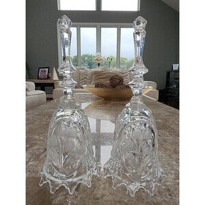 Vintage Pair Of German Cut Crystal Bells, With Etched Lily Of The Valley